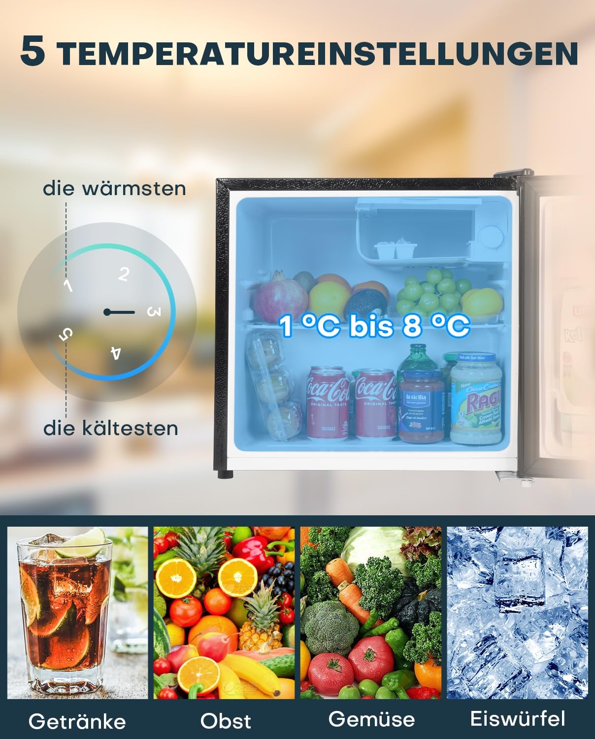 Mini Kühlschrank 46L mit Eisfach – Energiesparend, Leise, Edelstahl
