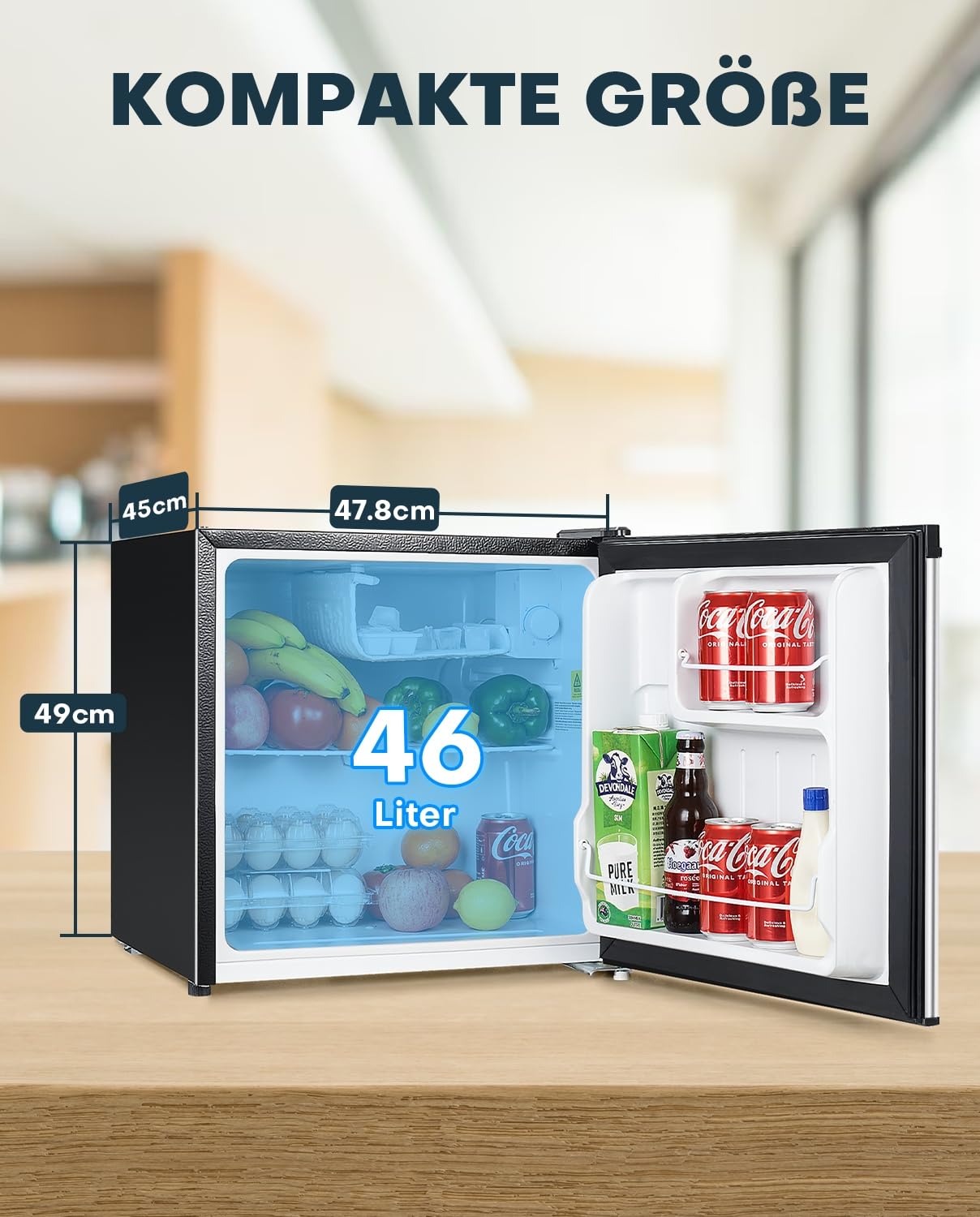 Mini Kühlschrank 46L mit Eisfach – Energiesparend, Leise, Edelstahl